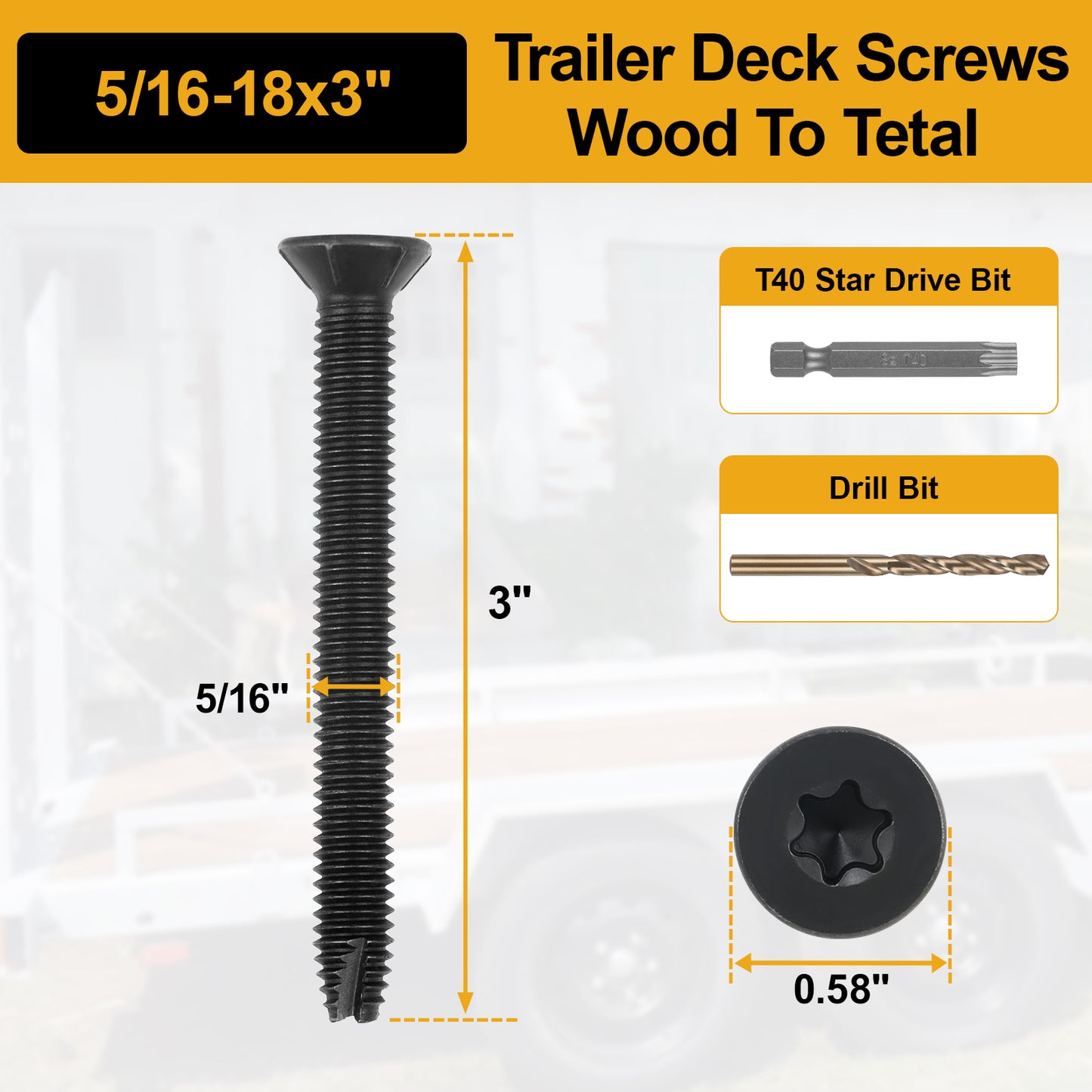 5/16-18 x 3" Flat Head Thread Cutting Self Drilling Deck Screws, Type 7, Star Drive T-30, Steel Floorboard Thread Cutting Screws for Wood & Metal