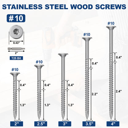 #10 x 2" Stainless Steel Deck Screws, Deck Screws T25 Star Bit, 410 Grade Stainless Steel, Rust Resistant Timber Screws for Log Landscaping Wood