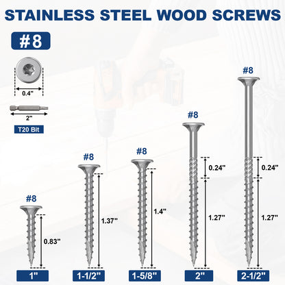#8 x 2.5" Stainless Steel Deck Screws, Deck Screws T20 Star Bit, 410 Grade Stainless Steel, Rust Resistant Timber Screws for Log Landscaping Wood