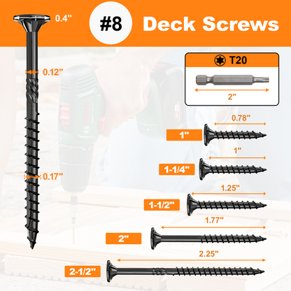 #8 x 1" Deck Screws, Star Drive Wood Screws, Rust Resistant Timber Screws for Timber/Log/Landscaping Wood, T20 Star Bit Included, Black