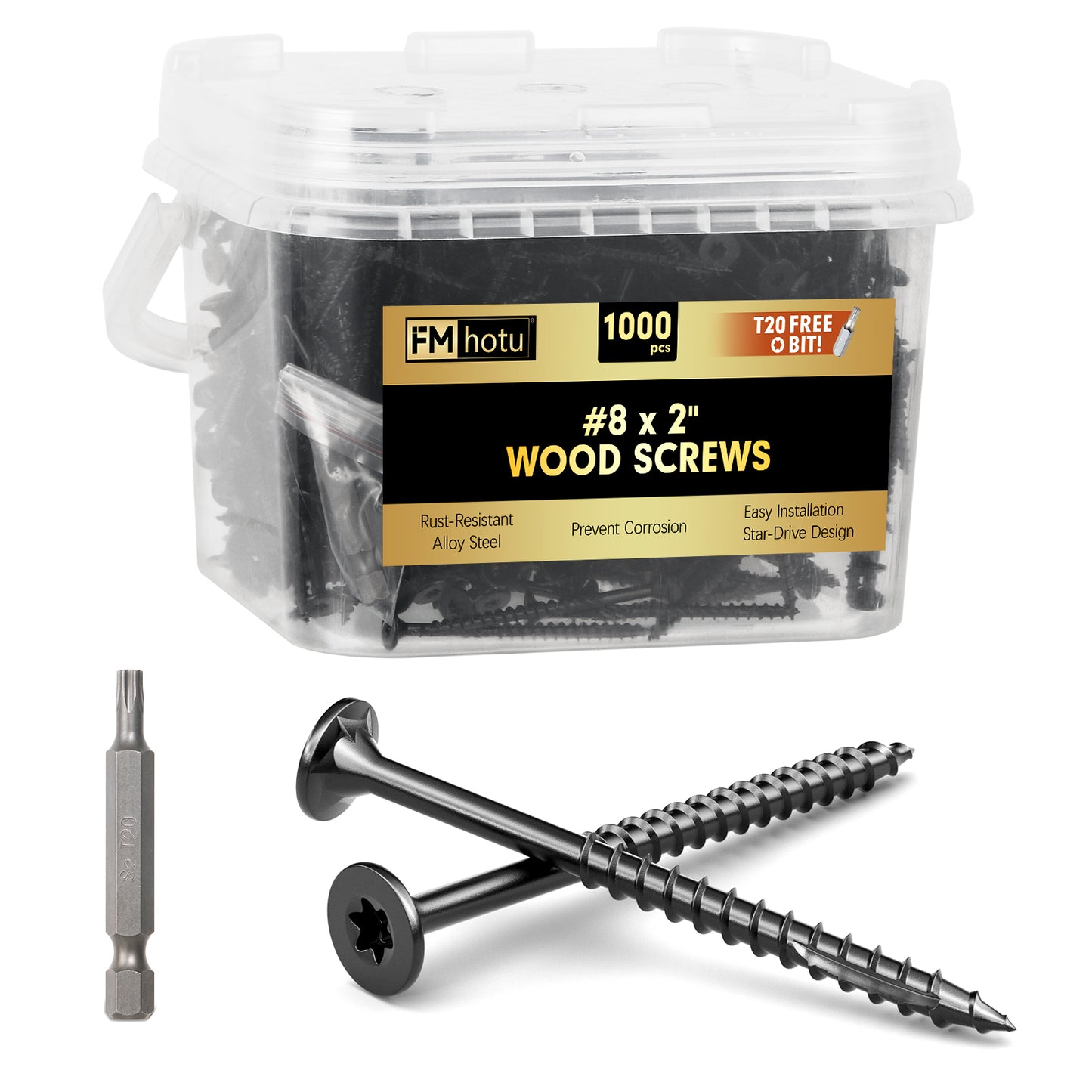 #8 x 2" Deck Screws, Star Drive Wood Screws, Rust Resistant Timber Screws for Timber/Log/Landscaping Wood, T20 Star Bit Included, Black