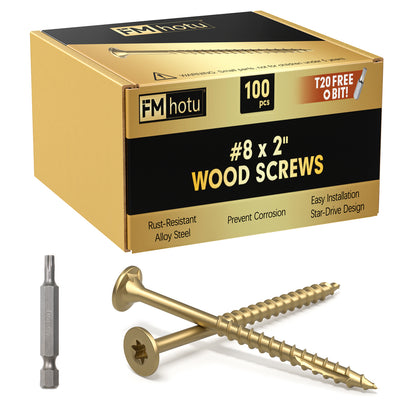 #8 x 2" Deck Screws, Star Drive Wood Screws, Rust Resistant Timber Screws for Timber/Log/Landscaping Wood, T20 Star Bit Included, Gold