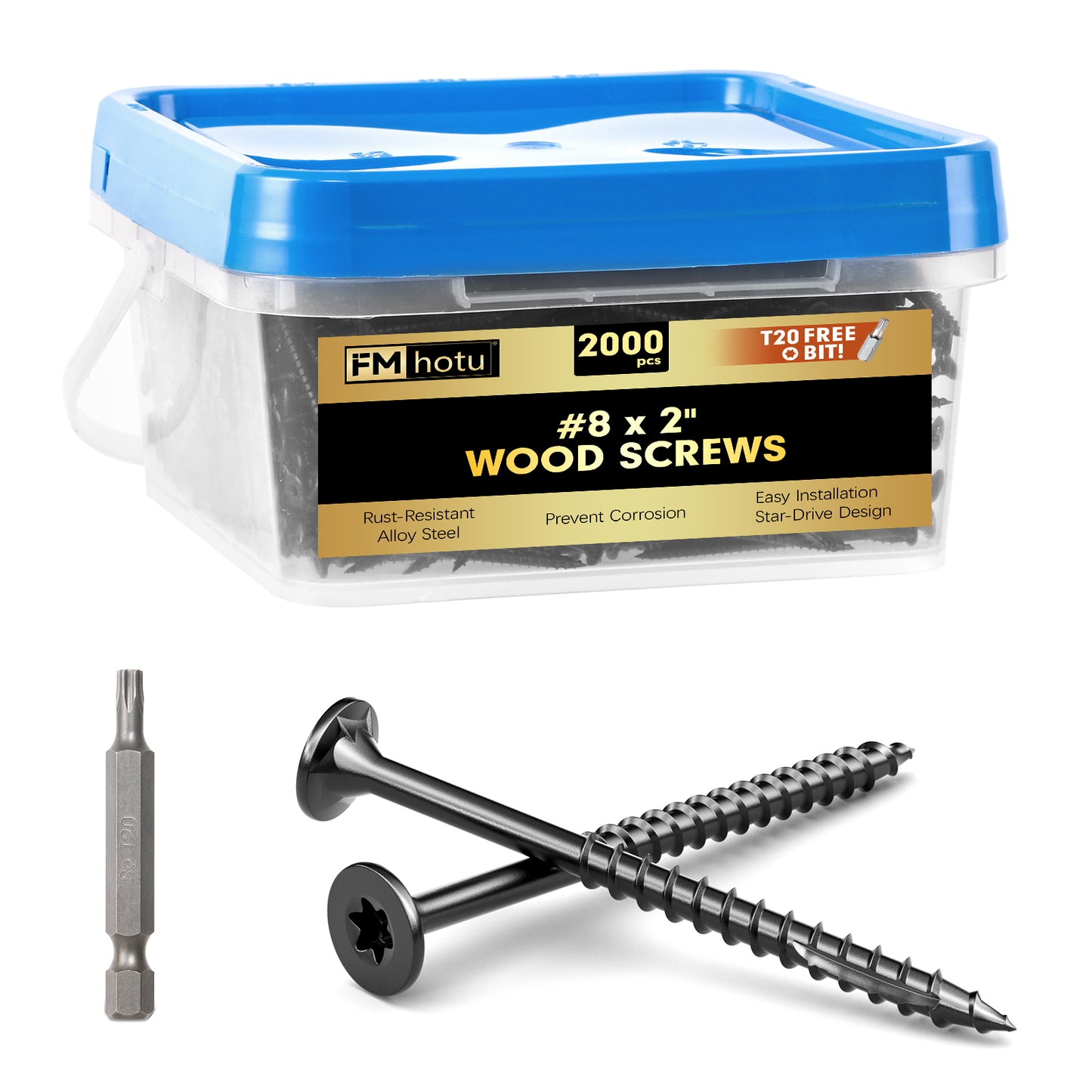 #8 x 2" Deck Screws, Star Drive Wood Screws, Rust Resistant Timber Screws for Timber/Log/Landscaping Wood, T20 Star Bit Included, Black