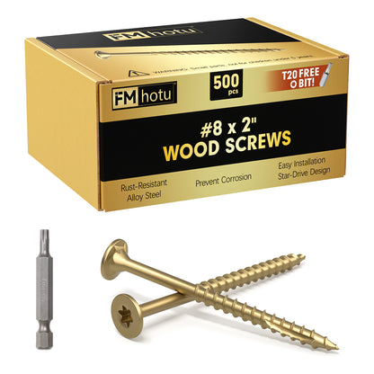 #8 x 2" Deck Screws, Star Drive Wood Screws, Rust Resistant Timber Screws for Timber/Log/Landscaping Wood, T20 Star Bit Included, Gold