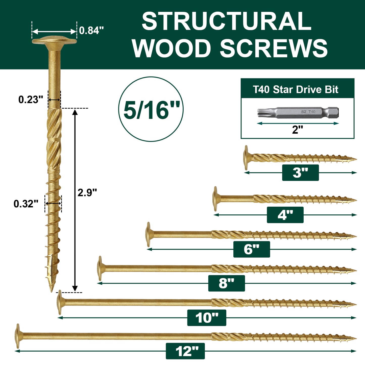 FMhotu Lag Screws, 5/16" x 10" Structural Screws, Construction Lag Screws, Rust Resistant, T40 Star Drive Bit