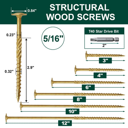 FMhotu Lag Screws, 5/16" x 10" Structural Screws, Construction Lag Screws, Rust Resistant, T40 Star Drive Bit