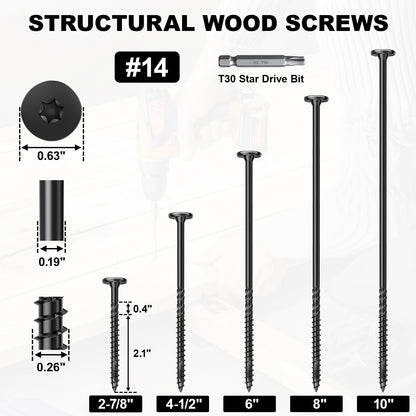 FMhotu #14 Heavy-Duty Wood Screws, Star Drive Deck Screws, Rust Resistant Timber Screws for Timber/Log/Landscaping Wood (2-7/8 Inch,Black)