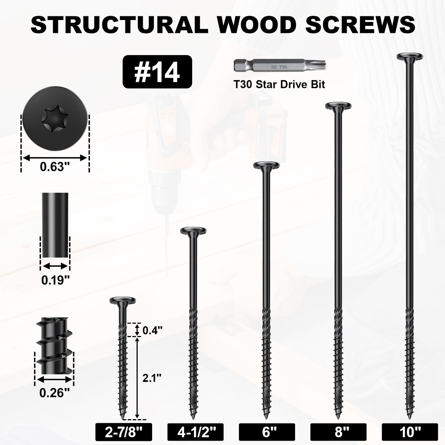FMhotu #14 Heavy-Duty Wood Screws, Star Drive Deck Screws, Rust Resistant Timber Screws for Timber/Log/Landscaping Wood (10 Inch,Black)