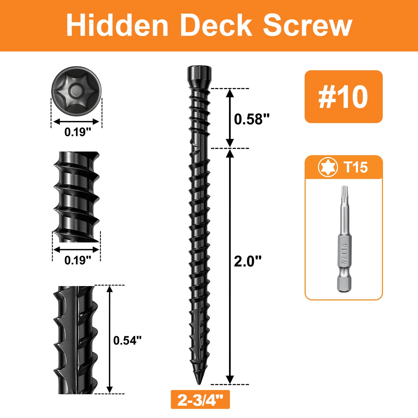 FMhotu #10 x 2-3/4" Hidden Deck Screws, Star Drive Countersunk Wood Screws, Rust Resistant Timber Screws, T15 Star Bit Included, Black