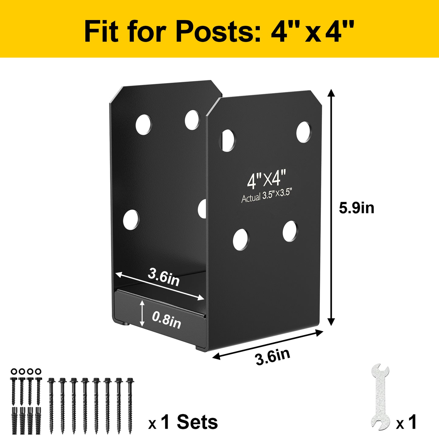 FMhotu 4x4 Stainless Steel Post Base,Internal 3.5 x 3.5 Anchor Bracket,Deck Concrete Support Anchor for Deck Railing, Fences, Mailboxes (1Pcs Black)