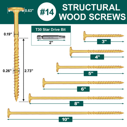 #14 x 5 Inch Wood Structural Lag Screws Star Drive Decking Wood Screws, Rust Resistant Timber Screws for Timber/Log/Landscaping (Yellow)
