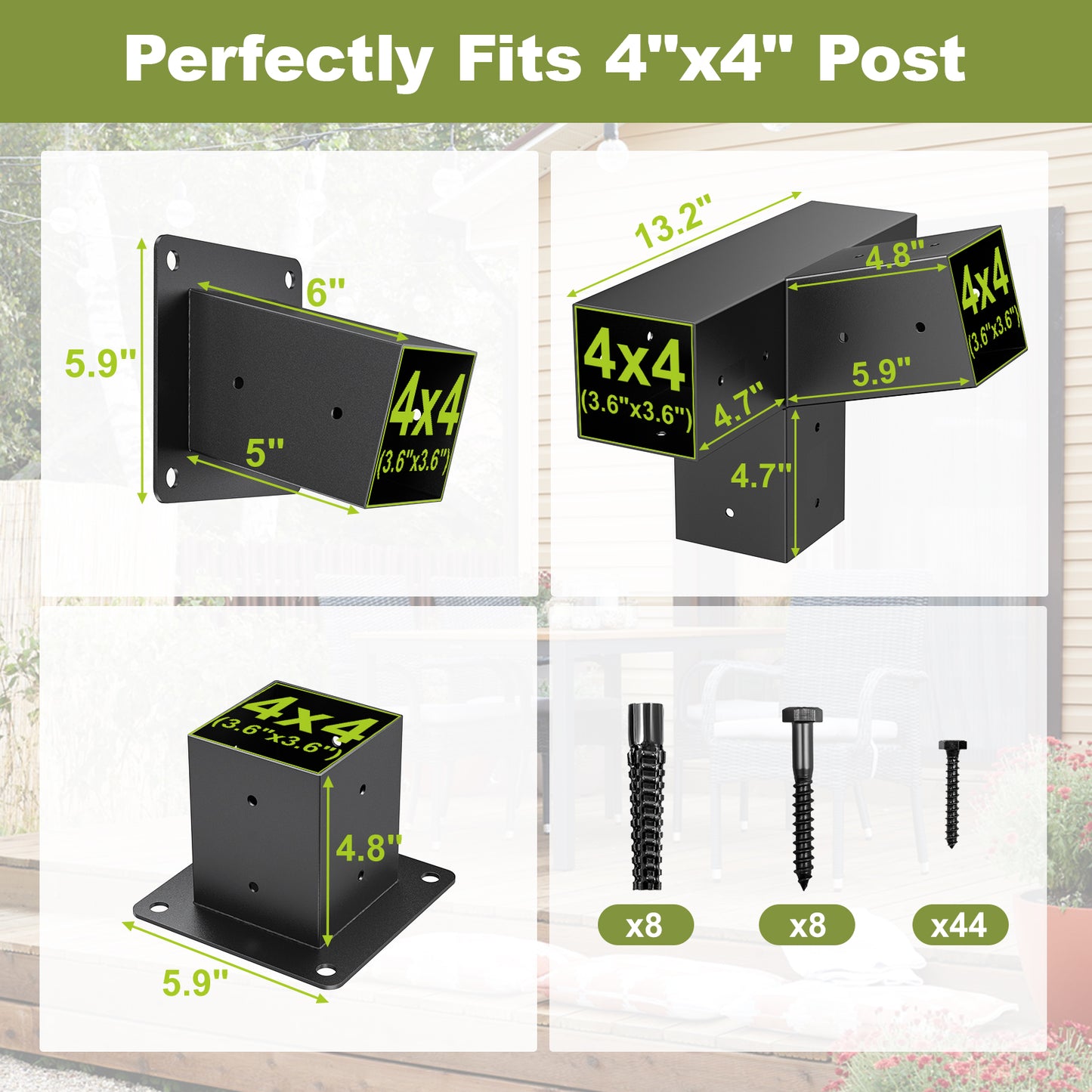 15° 4-Way 3pcs Slanted Roof Pergola Bracket Set, Roof Wall Mount Extension Bracket Kit,4" x 4" (Actual: 3.5x3.5 Inch) Powder-Coated Pergola Hardware for Porch,Gazebo, Backyard