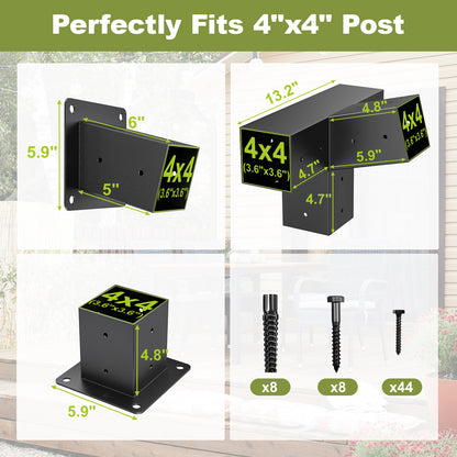 15° 4-Way 3pcs Slanted Roof Pergola Bracket Set, Roof Wall Mount Extension Bracket Kit,4" x 4" (Actual: 3.5x3.5 Inch) Powder-Coated Pergola Hardware for Porch,Gazebo, Backyard