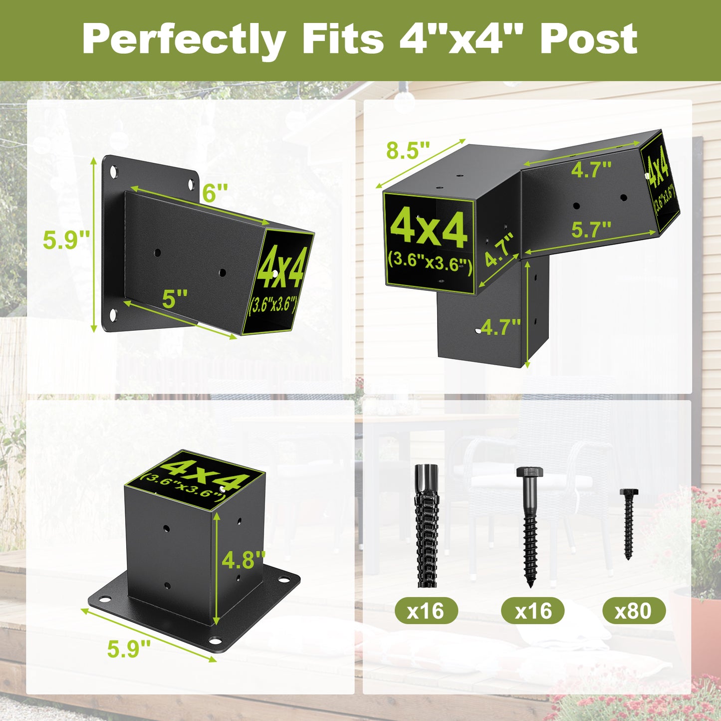 15° 3-Way 6pcs Slanted Roof Pergola Bracket Set, Roof Wall Mount Extension Bracket Kit,4" x 4" (Actual: 3.5x3.5 Inch) Powder-Coated Pergola Hardware for Porch,Gazebo, Backyard