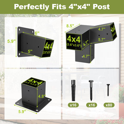 15° 3-Way 6pcs Slanted Roof Pergola Bracket Set, Roof Wall Mount Extension Bracket Kit,4" x 4" (Actual: 3.5x3.5 Inch) Powder-Coated Pergola Hardware for Porch,Gazebo, Backyard