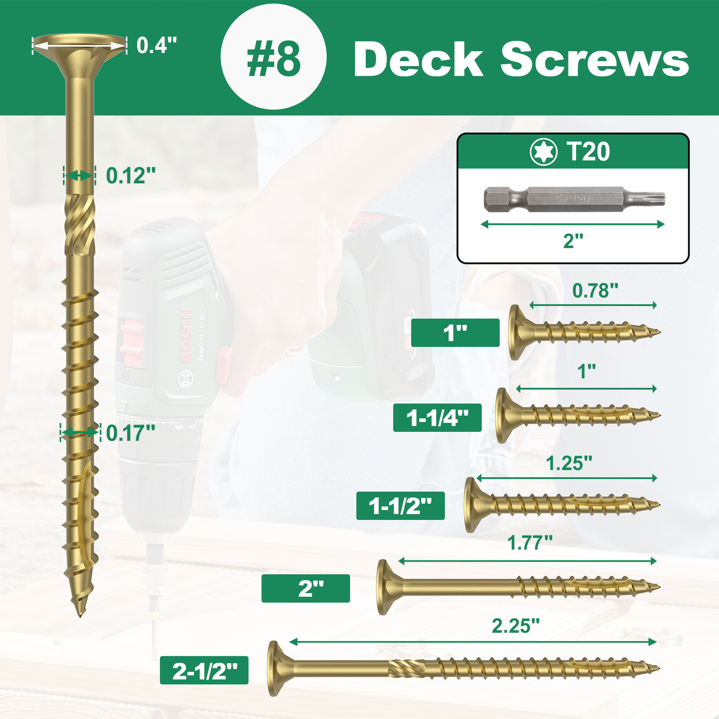 #8 x 1-1/2" Deck Screws, Star Drive Wood Screws, Rust Resistant Timber Screws for Timber/Log/Landscaping Wood, T20 Star Bit Included, Gold