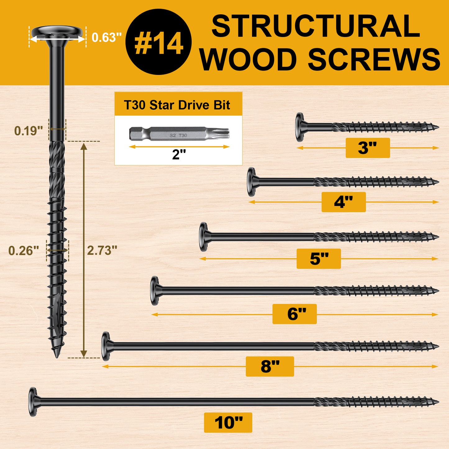 #14 x 6 Wood Structural Lag Screws Star Drive Decking Wood Screws, Rust Resistant Timber Screws for Timber/Log/Landscaping