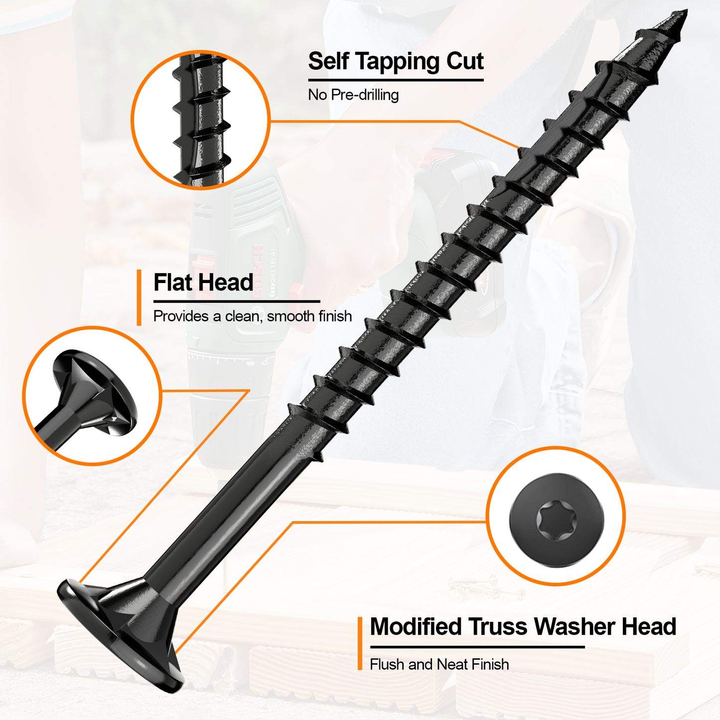 #8 x 1-1/4" Deck Screws, Star Drive Wood Screws, Rust Resistant Timber Screws for Timber/Log/Landscaping Wood, T20 Star Bit Included, Black