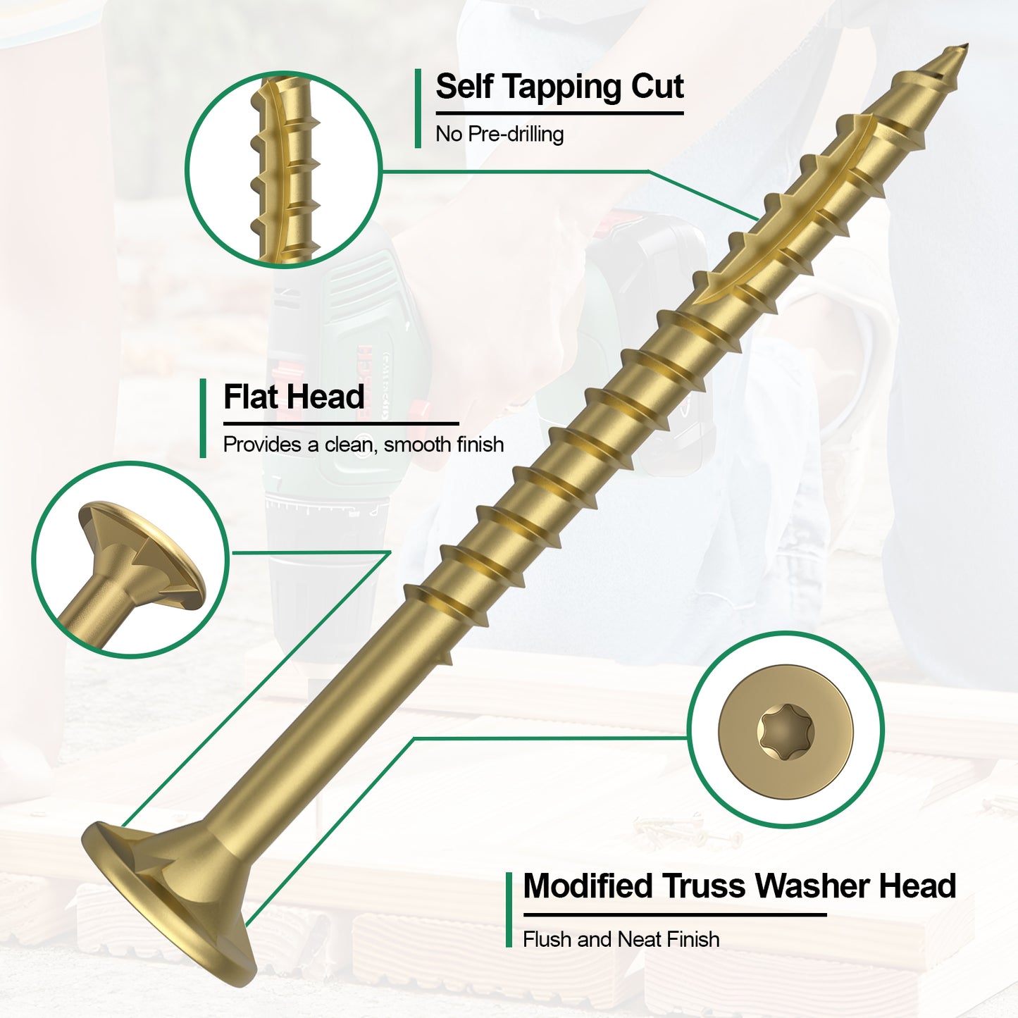 #8 x 1-1/4" Deck Screws, Star Drive Wood Screws, Rust Resistant Timber Screws for Timber/Log/Landscaping Wood, T20 Star Bit Included, Gold