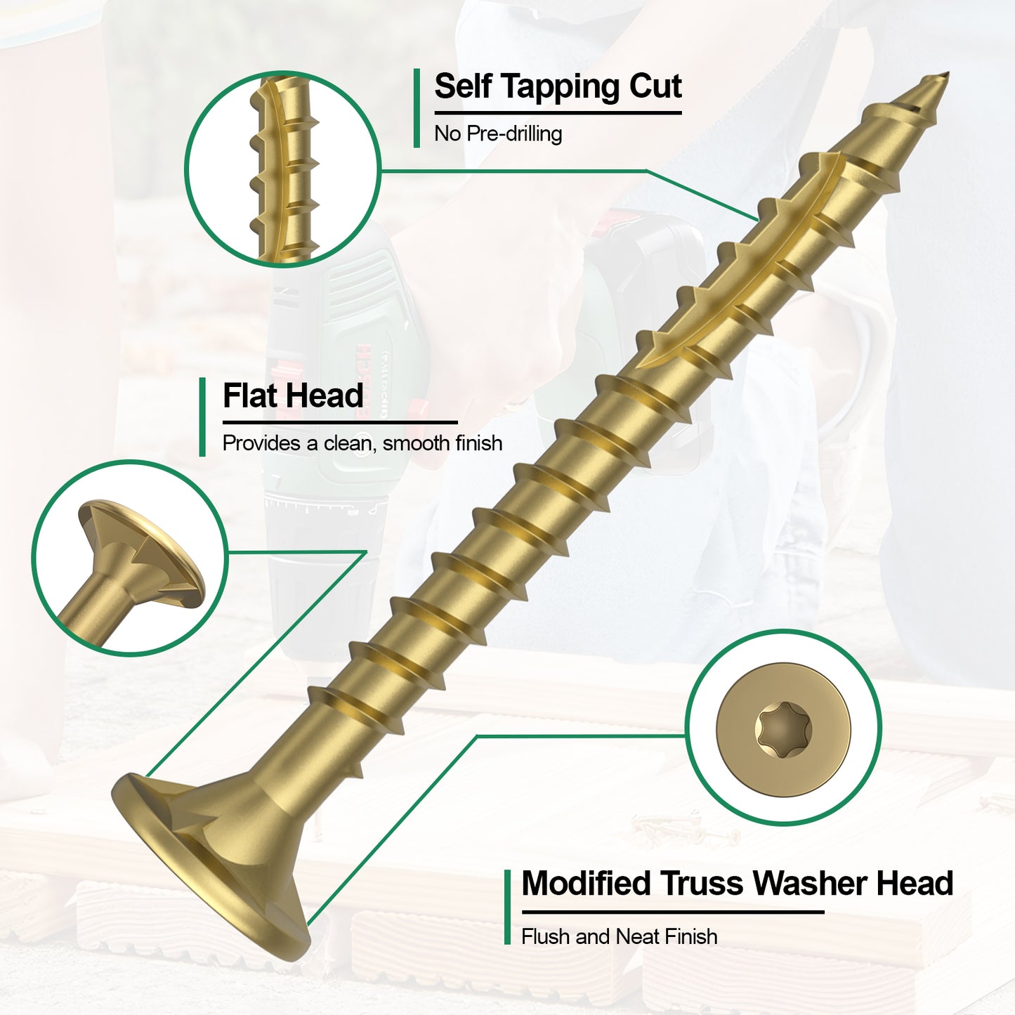 #8 x 1" Deck Screws, Star Drive Wood Screws, Rust Resistant Timber Screws for Timber/Log/Landscaping Wood, T20 Star Bit Included, Gold