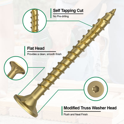 #8 x 1-1/2" Deck Screws, Star Drive Wood Screws, Rust Resistant Timber Screws for Timber/Log/Landscaping Wood, T20 Star Bit Included, Gold