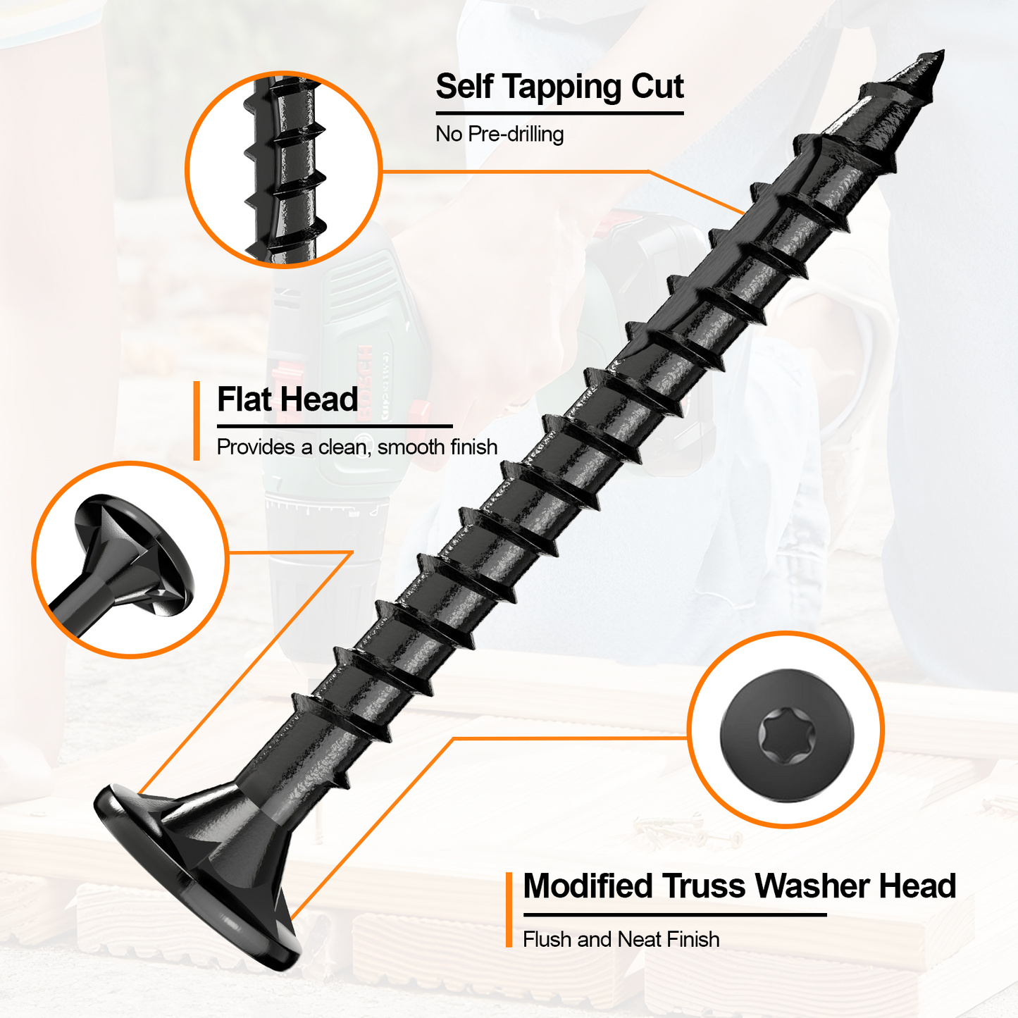 #8 x 1-1/2" Deck Screws, Star Drive Wood Screws, Rust Resistant Timber Screws for Timber/Log/Landscaping Wood, T20 Star Bit Included, Black