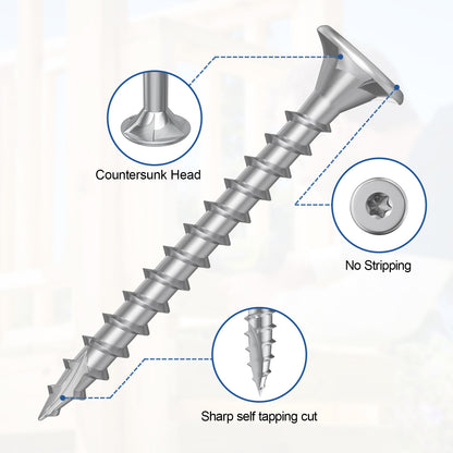 #8 x 2.5" Stainless Steel Deck Screws, Deck Screws T20 Star Bit, 410 Grade Stainless Steel, Rust Resistant Timber Screws for Log Landscaping Wood