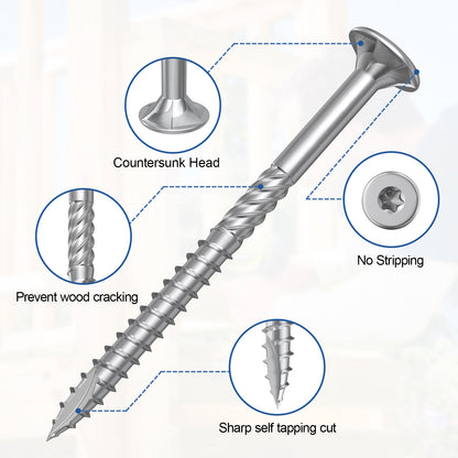 #10 x 2" Stainless Steel Deck Screws, Deck Screws T25 Star Bit, 410 Grade Stainless Steel, Rust Resistant Timber Screws for Log Landscaping Wood