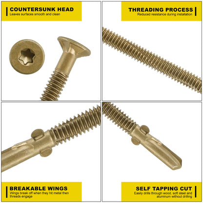 FMhotu #12 x 2" Trailer Deck Screws, Self-Tapping Sheet Wood Metal Screw, T25 Star Bits Reamer Tek Screws for Trailers, for Attaching Wood to Steel, Gold