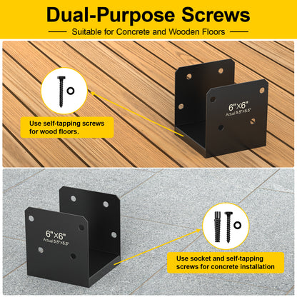 FMhotu 6x6 Stainless Steel Post Base,Internal 5.5 x 5.5 Anchor Bracket,Deck Concrete Support Anchor for Deck Railing, Fences, Mailboxes (2Pcs Black)