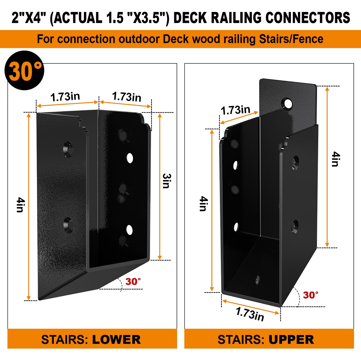 FMhotu 30° Stair Angle Stainless Steel Deck Railing Brackets Connectors for 2"x4" (Actual 1.5"x3.5") Railing Wood Post Stair Fence Railing Connectors with Coated Wood Screws