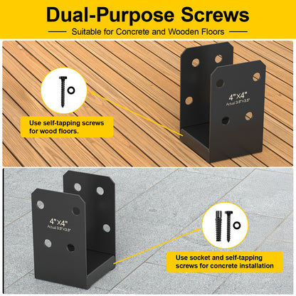 FMhotu 4x4 Stainless Steel Post Base,Internal 3.5 x 3.5 Anchor Bracket,Deck Concrete Support Anchor for Deck Railing, Fences, Mailboxes (1Pcs Black)
