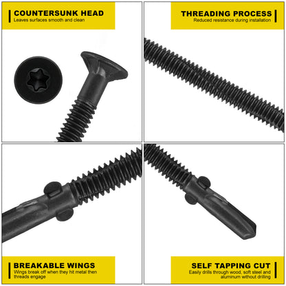 FMhotu #14 x 3-1/4" Trailer Deck Screws, Self-Tapping Sheet Wood Metal Screw, T25 Star Bits Reamer Tek Screws for Trailers, for Attaching Wood to Steel, Black