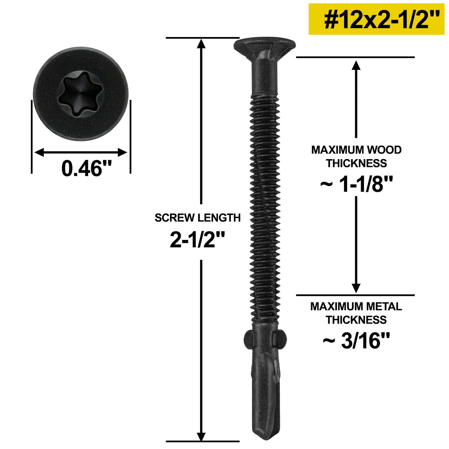 FMhotu #12 x 2-1/2" Trailer Deck Screws, Self-Tapping Sheet Wood Metal Screw, T25 Star Bits Reamer Tek Screws for Trailers, for Attaching Wood to Steel, Black
