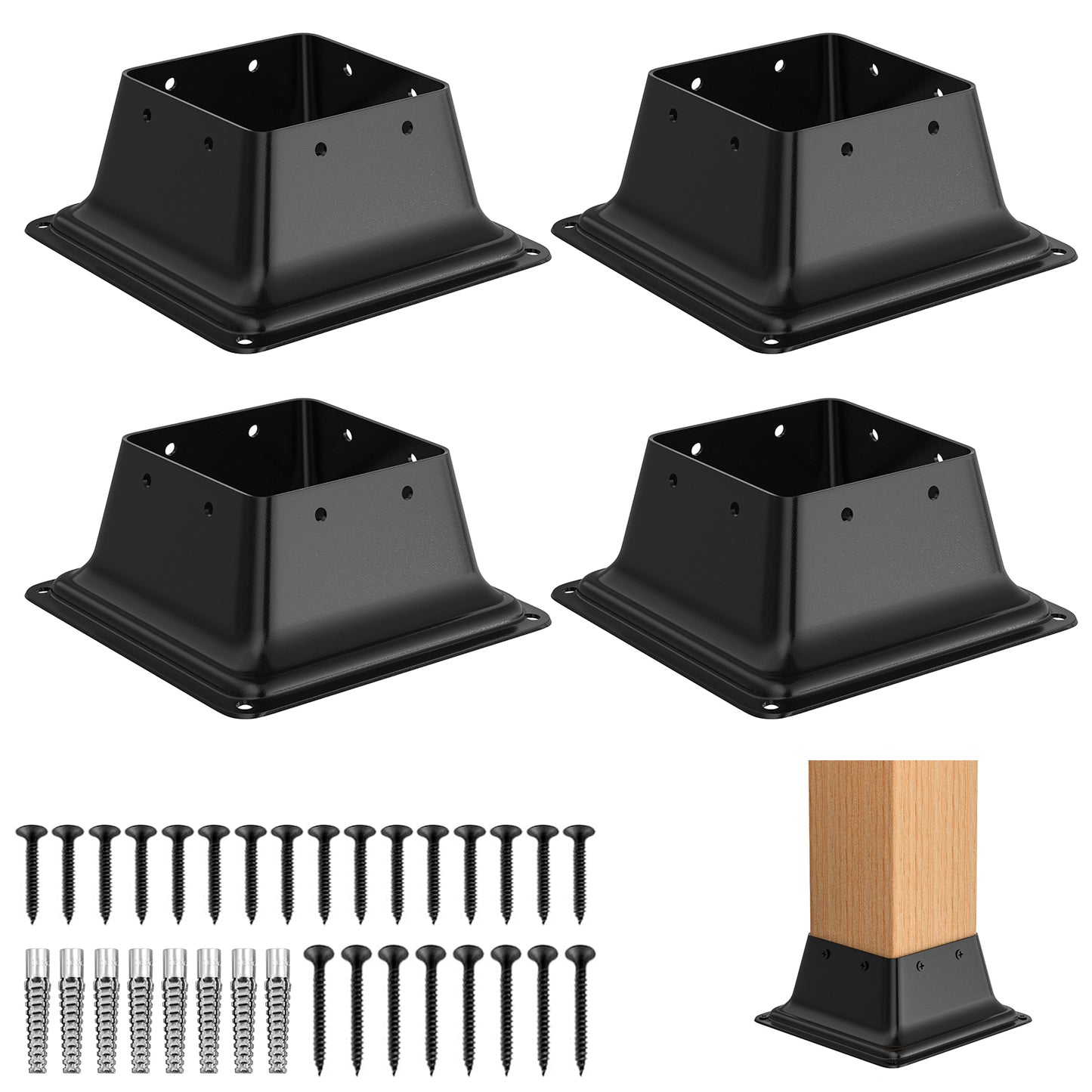 FMhotu 4x4 Post Base, Internal 3.6"x3.6" Heavy Duty Powder-Coated Steel Post Bracket Fit for Standard Wood Post Anchor, Decking Post Base for Deck Porch Handrail Railing Support with Screws