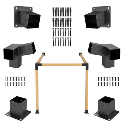 15° 3-Way 6pcs Slanted Roof Pergola Bracket Set, Roof Wall Mount Extension Bracket Kit,4" x 4" (Actual: 3.5x3.5 Inch) Powder-Coated Pergola Hardware for Porch,Gazebo, Backyard