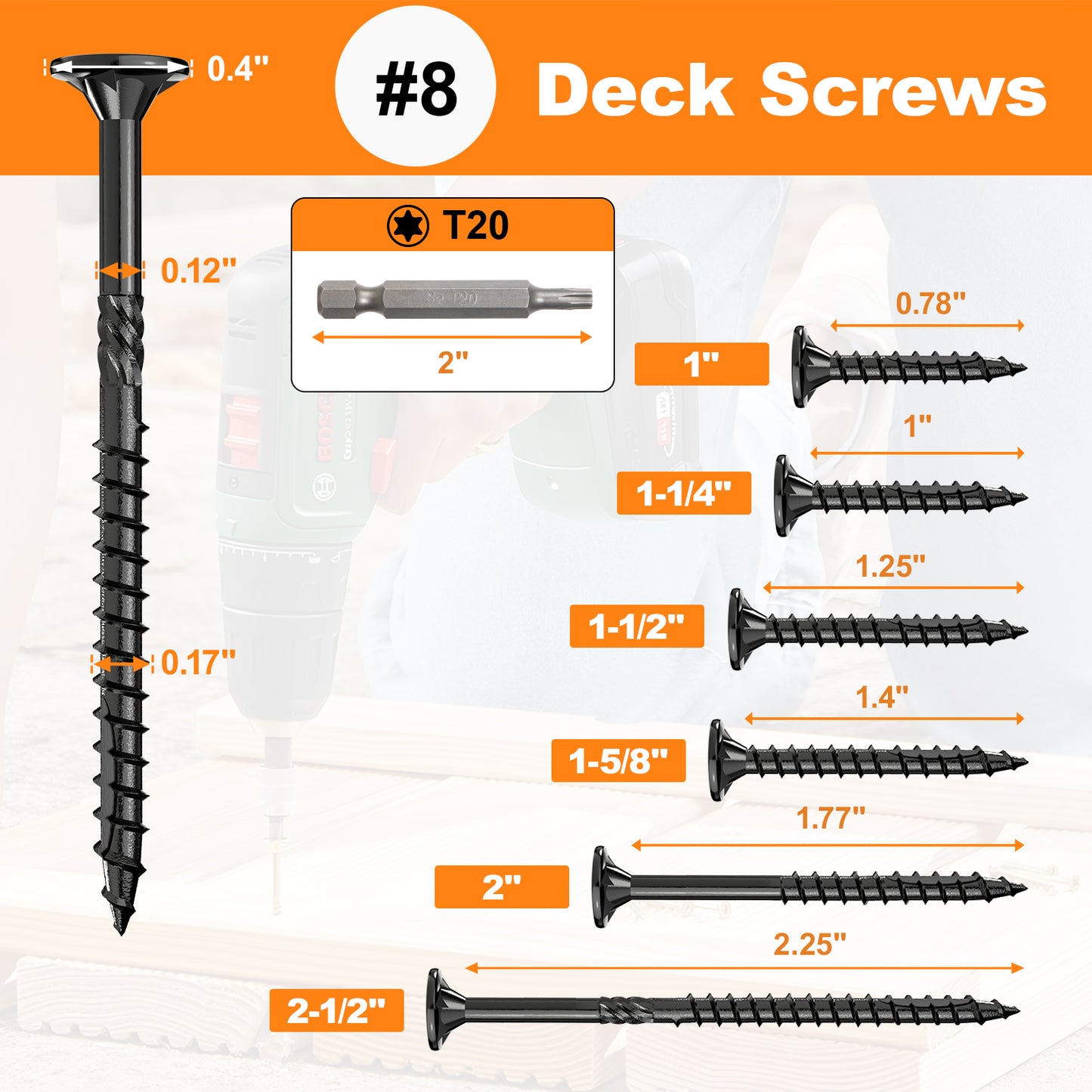 #8 x 1-1/2" Deck Screws, Star Drive Wood Screws, Rust Resistant Timber Screws for Timber/Log/Landscaping Wood, T20 Star Bit Included, Black