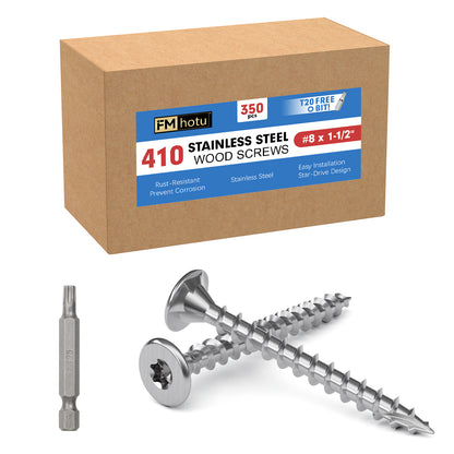 #8 x 1.5" Stainless Steel Deck Screws, Deck Screws T20 Star Bit, 410 Grade Stainless Steel, Rust Resistant Timber Screws for Log Landscaping Wood