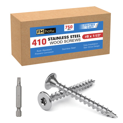 #8 x 1.5" Stainless Steel Deck Screws, Deck Screws T20 Star Bit, 410 Grade Stainless Steel, Rust Resistant Timber Screws for Log Landscaping Wood