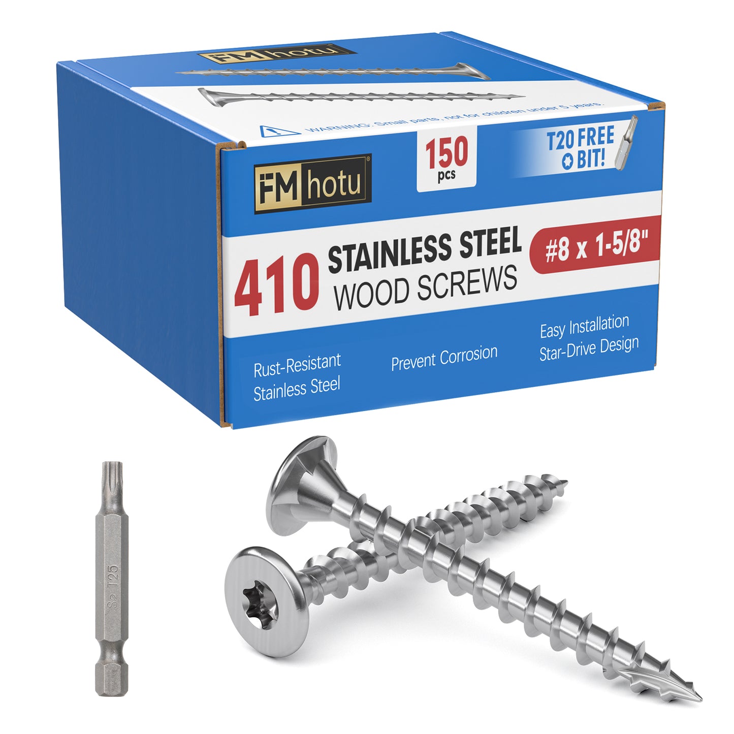 #8 × 1-5/8" Stainless Steel Deck Screws, Deck Screws T20 Star Bit, 410 Grade Stainless Steel, Rust Resistant Timber Screws for Log Landscaping Wood