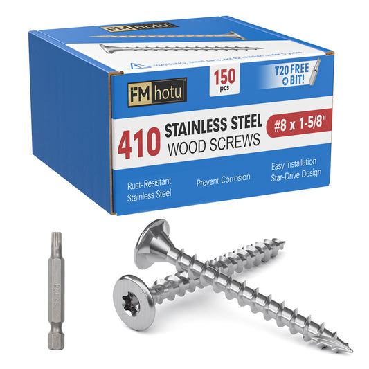 #8 × 1-5/8" Stainless Steel Deck Screws, Deck Screws T20 Star Bit, 410 Grade Stainless Steel, Rust Resistant Timber Screws for Log Landscaping Wood