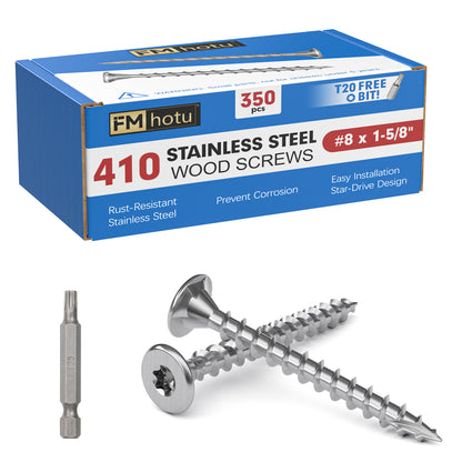 #8 × 1-5/8" Stainless Steel Deck Screws, Deck Screws T20 Star Bit, 410 Grade Stainless Steel, Rust Resistant Timber Screws for Log Landscaping Wood