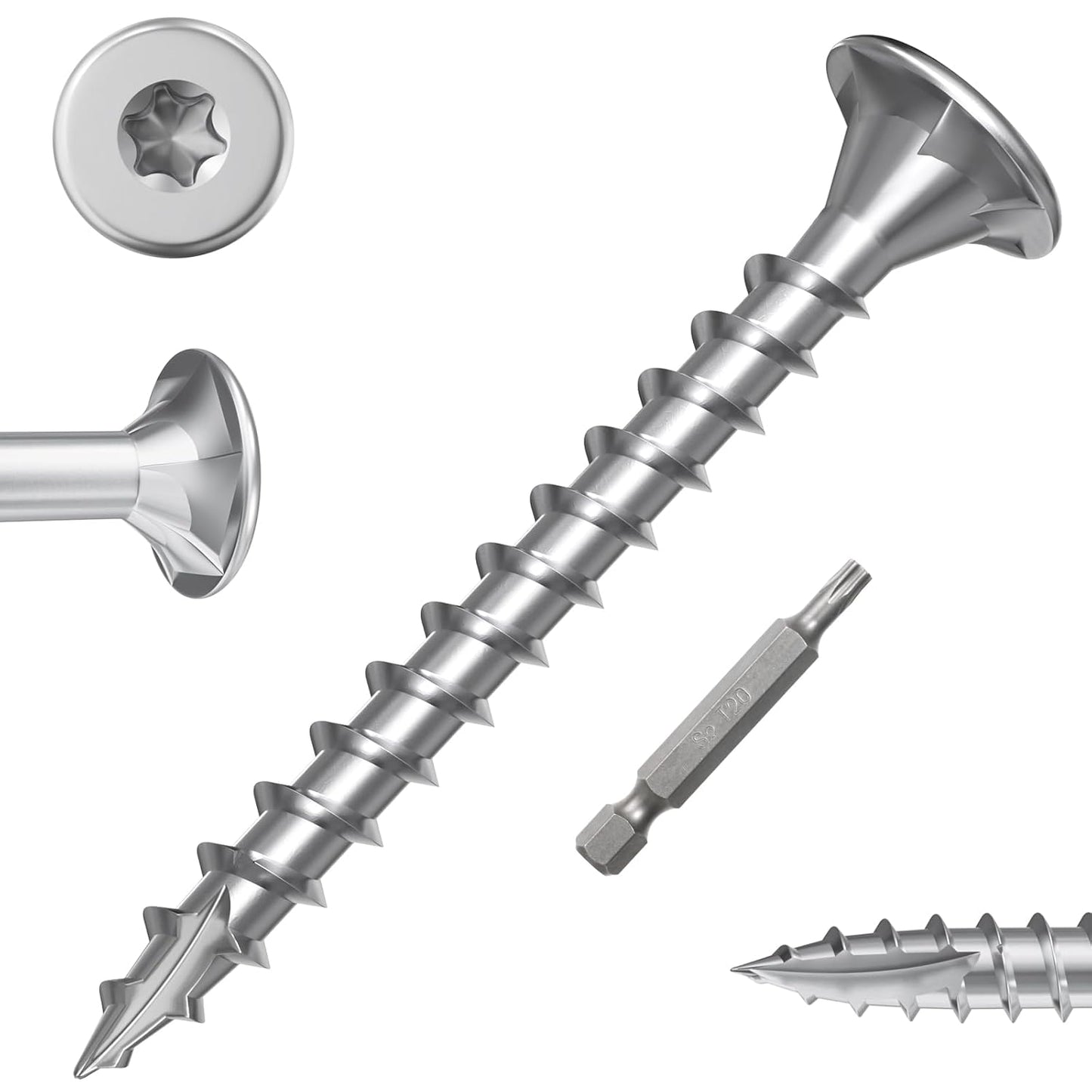 #8 × 1-5/8" Stainless Steel Deck Screws, Deck Screws T20 Star Bit, 410 Grade Stainless Steel, Rust Resistant Timber Screws for Log Landscaping Wood