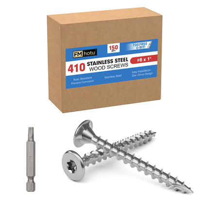 #8 x 1" Stainless Steel Deck Screws, Deck Screws T20 Star Bit, 410 Grade Stainless Steel, Rust Resistant Timber Screws for Log Landscaping Wood