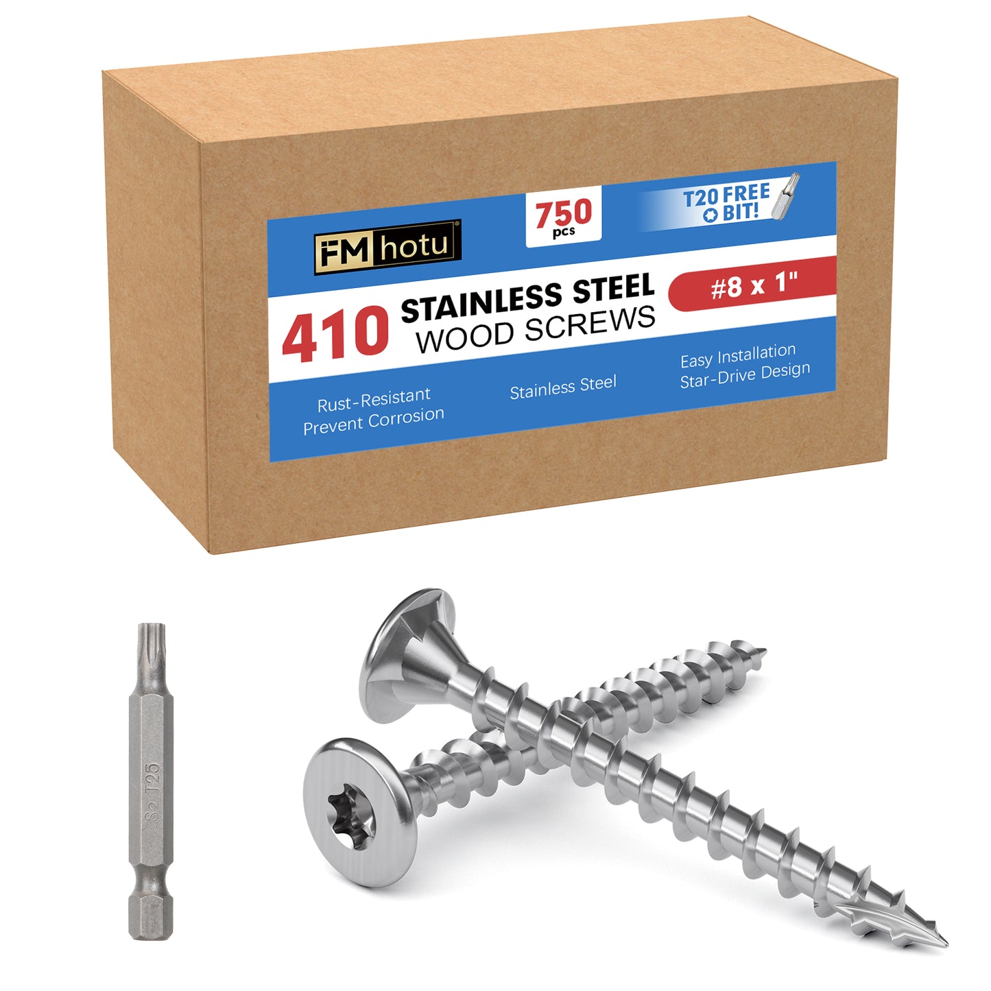 #8 x 1" Stainless Steel Deck Screws, Deck Screws T20 Star Bit, 410 Grade Stainless Steel, Rust Resistant Timber Screws for Log Landscaping Wood