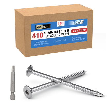 #8 x 2.5" Stainless Steel Deck Screws, Deck Screws T20 Star Bit, 410 Grade Stainless Steel, Rust Resistant Timber Screws for Log Landscaping Wood