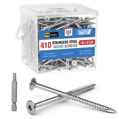 #8 x 2.5" Stainless Steel Deck Screws, Deck Screws T20 Star Bit, 410 Grade Stainless Steel, Rust Resistant Timber Screws for Log Landscaping Wood