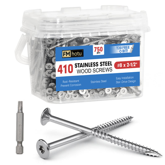 #8 x 2.5" Stainless Steel Deck Screws, Deck Screws T20 Star Bit, 410 Grade Stainless Steel, Rust Resistant Timber Screws for Log Landscaping Wood