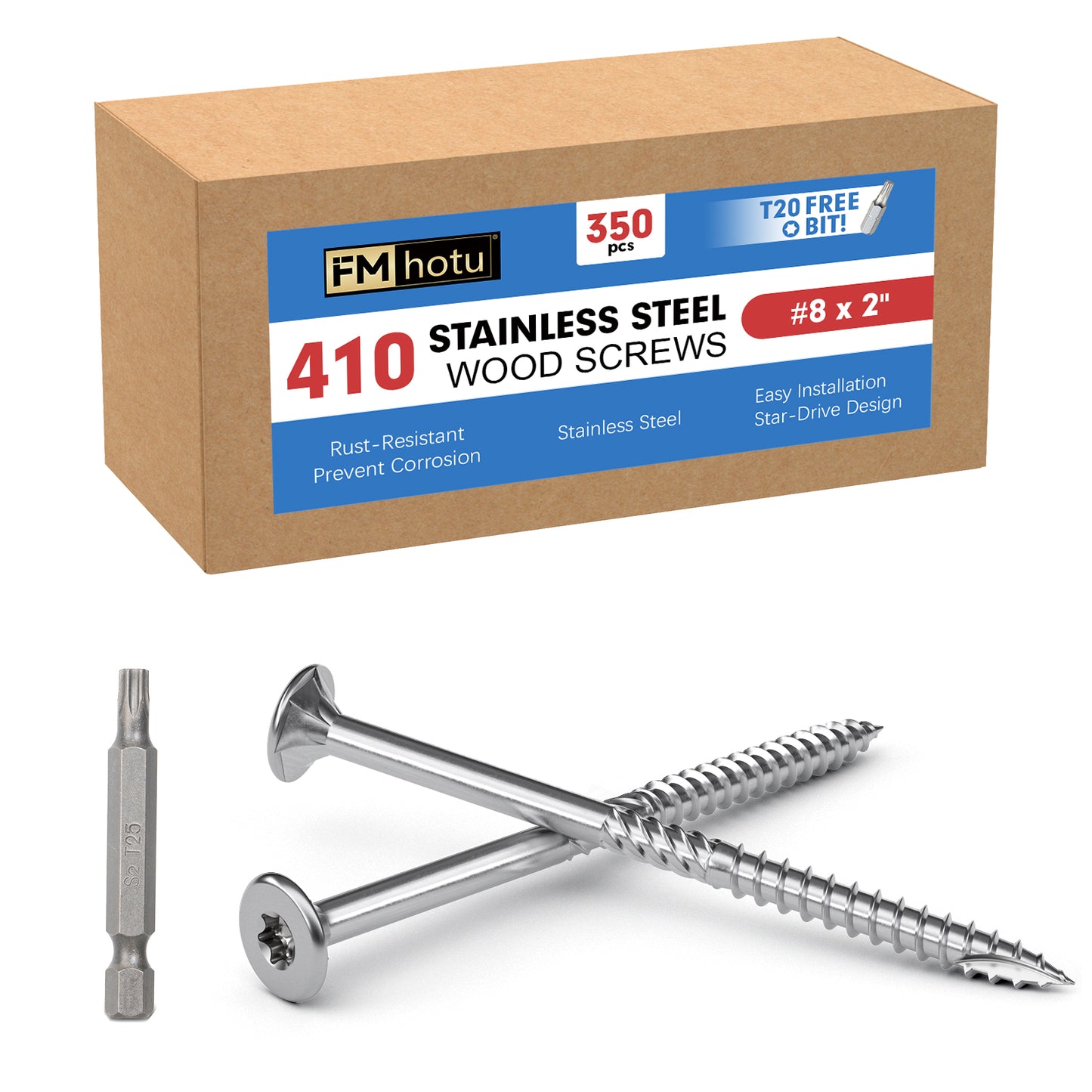 #8 x 2" Stainless Steel Deck Screws, Deck Screws T20 Star Bit, 410 Grade Stainless Steel, Rust Resistant Timber Screws for Log Landscaping Wood