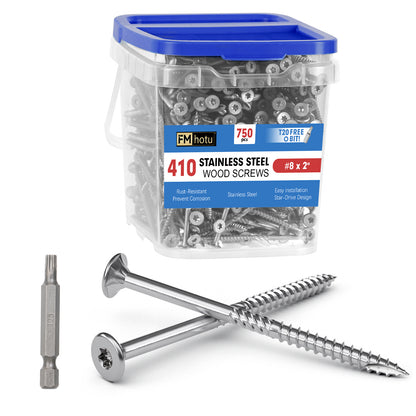 #8 x 2" Stainless Steel Deck Screws, Deck Screws T20 Star Bit, 410 Grade Stainless Steel, Rust Resistant Timber Screws for Log Landscaping Wood